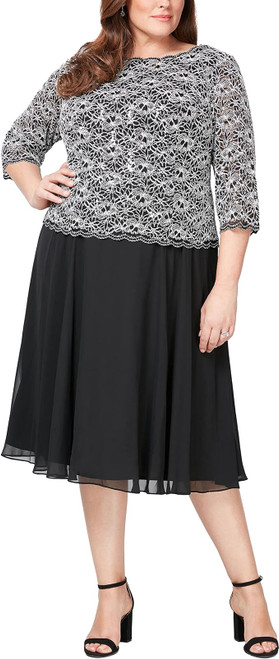 Alex Evenings Women's Plus Size Tea Length Lace Mock Dress, Black and White, 18W