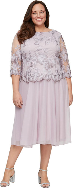 Alex Evenings Women's Plus Size Tea Length Lace Mock Dress, Smokey Orchid, 22W