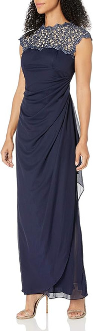 Alex Evenings Women's Long Cap Sleeve Side Ruched Gown (Petite and Regular Sizes), Navy, 6