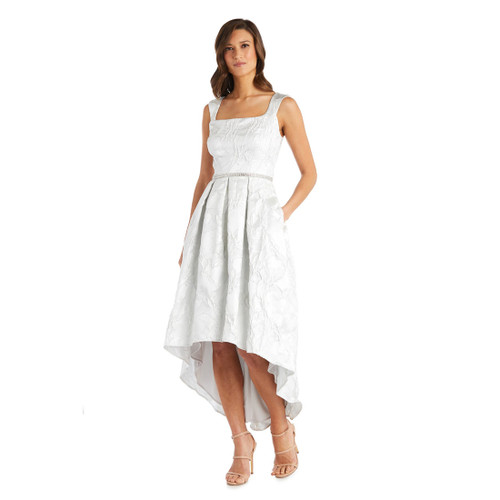 R&M Richards Petite High-Low Metallic Brocade Dress, White Silver, 14P