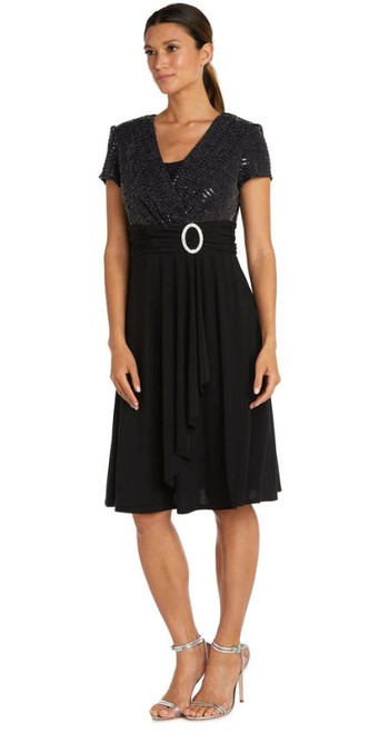 R&M Richards V-Neck Short Sleeve Glitter Wrap Dress, Black, 10