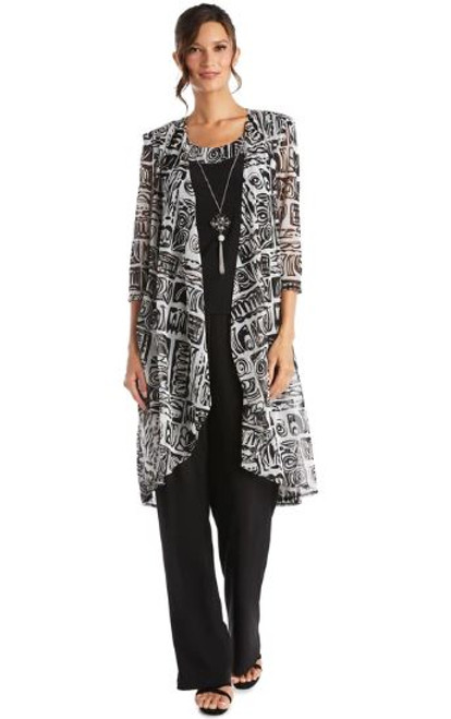 R & M Richards Three Piece Printed Mesh Duster Pantsuit, Black/Ivory, 14W