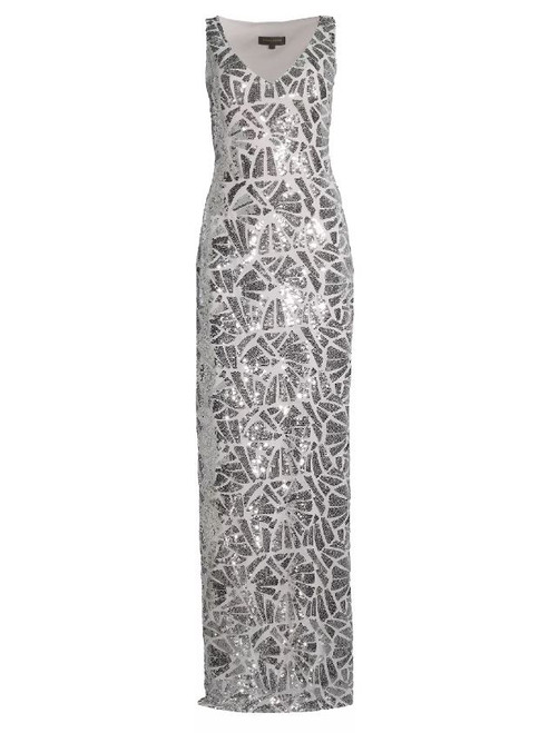 Donna Karan New York Social Occasion Fan Sequined Column Gown, Silver, 10