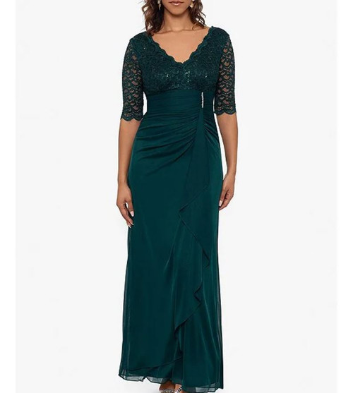 B&A By Betsy & Adam Sequin Lace V-Neck 3/4 Sleeve Gown, Pine, 6