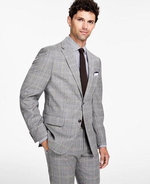 Tommy Hilfiger Men's Modern Fit Plaid Stretch Sport Coat Blazer, Grey Camel, 38S