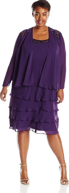 S.L. Fashions Women's Sequin Chiffon Jacket Dress, Eggplant, 14W