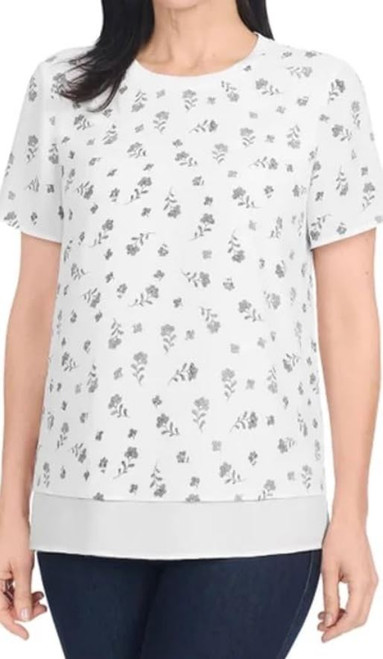 Hilary Radley Two-Layer Printed White T-Shirt, Off White & Black, Large