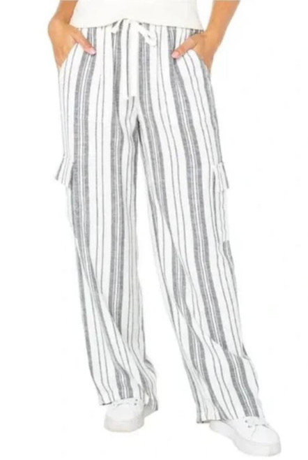 Roxy Stripe Linen Blend Cargo Pocket Pants, Black, Medium