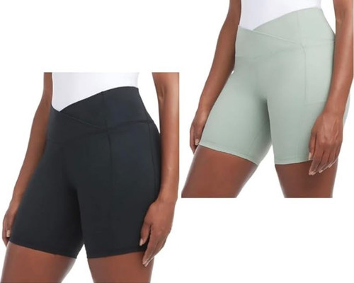 Danskin Women's 2 Pack Cross Waist Bike Shorts, Black & Green, 2X-Large