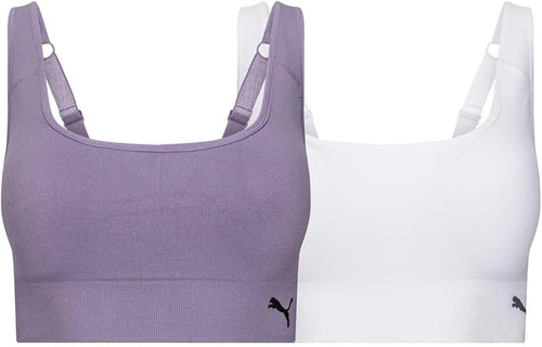 PUMA 2 Pack Seamless Sports Bra Wire Free Pull on, White & Purple, Small PUMA 2 Pack Seamless Sports Bra Wire Free Pull on, White & Purple, Small