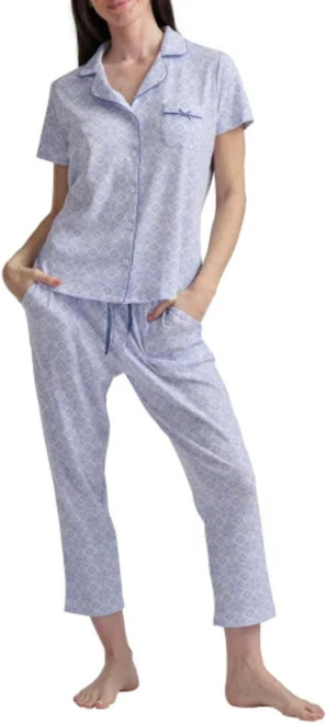 Karen Neuburger Women's Notch Collar 2-Piece Slim Leg Pajama Set, Blue, X-Small Karen Neuburger Women's Notch Collar 2-Piece Slim Leg Pajama Set, Blue, X-Small