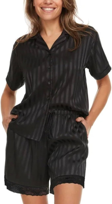 Flora Nikrooz Women's 2 Piece Relaxed Fit Soft Satin Pajama Set, Black, Medium Flora Nikrooz Women's 2 Piece Relaxed Fit Soft Satin Pajama Set, Black, Medium