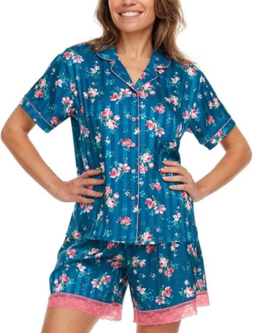 Flora Nikrooz Women's 2 Piece Relaxed Fit Soft Satin Pajama Set, Blue, Medium Flora Nikrooz Women's 2 Piece Relaxed Fit Soft Satin Pajama Set, Blue, Medium