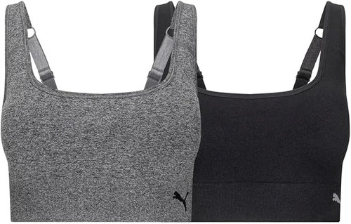 PUMA 2 Pack Seamless Sports Bra Wire Free Pull on, Black & Gray, Large PUMA 2 Pack Seamless Sports Bra Wire Free Pull on, Black & Gray, Large