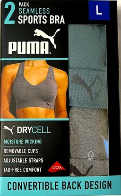 PUMA 2 Pack Seamless Sports Bra Wire Free Pull on, Green & Gray, X-Large PUMA 2 Pack Seamless Sports Bra Wire Free Pull on, Green & Gray, X-Large
