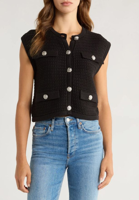 BLANKNYC Women's Sweater Vest, Sleeveless Knit Textured, Black, Medium