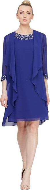 S.L. Fashions Women's Chiffon Tier Jacket Dress, Beaded Neck, Iris, 14