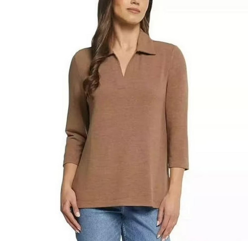 Matty M Women's Collared 3/4 Sleeve Top, Heather Camel, X-Small