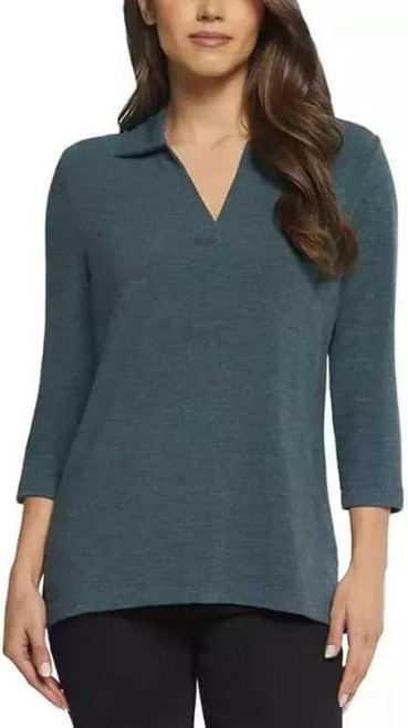 Matty M Women's Collared 3/4 Sleeve Top, Heather Teal, Medium