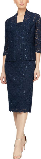 S.L. Fashions Women's Tea Length Sequin Lace Special Occasion Dress, Navy, 10