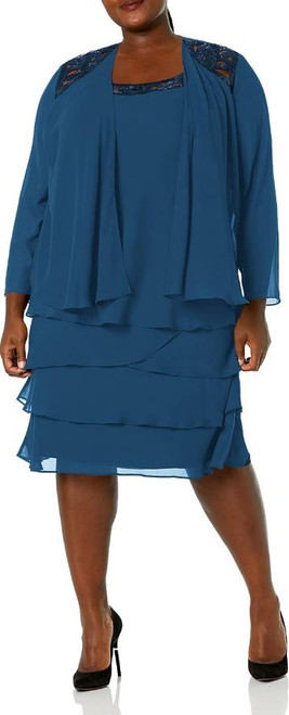S.L. Fashions Women's Sequin Chiffon Jacket Dress, Mid Teal, 14W