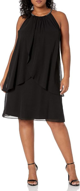 S.L. Fashions Women's Split Front Halter Neck Dress, Black, 20W
