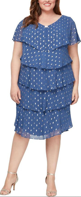 S.L. Fashions Women's Plus Size Metallic Print Dress, Wedgewood Tier, 20W