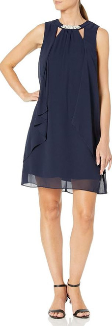 S.L. Fashions Women's Sleeveless Cutout Pearl Neck Dress, Navy, 10