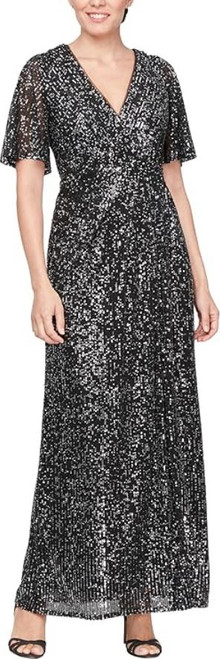 S.L. Fashions Women's Long Surplice Neckline Dress, Elbow Flutter Sleeves, Black & Silver, 18