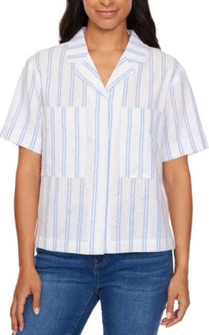 Buffalo David Bitton Women's Short Sleeve Utility Button Front Shirt, Coastal Stripe, Large