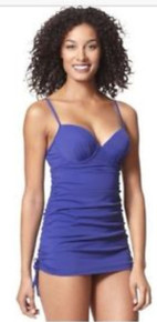 Spanx Assets 1714 One-piece Shirred Underwire Push Up Power Swim Suit Dress Navy