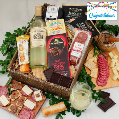 Mangia Con Gusto Italian White Wine & Antipasto Gift Box - Congratulations