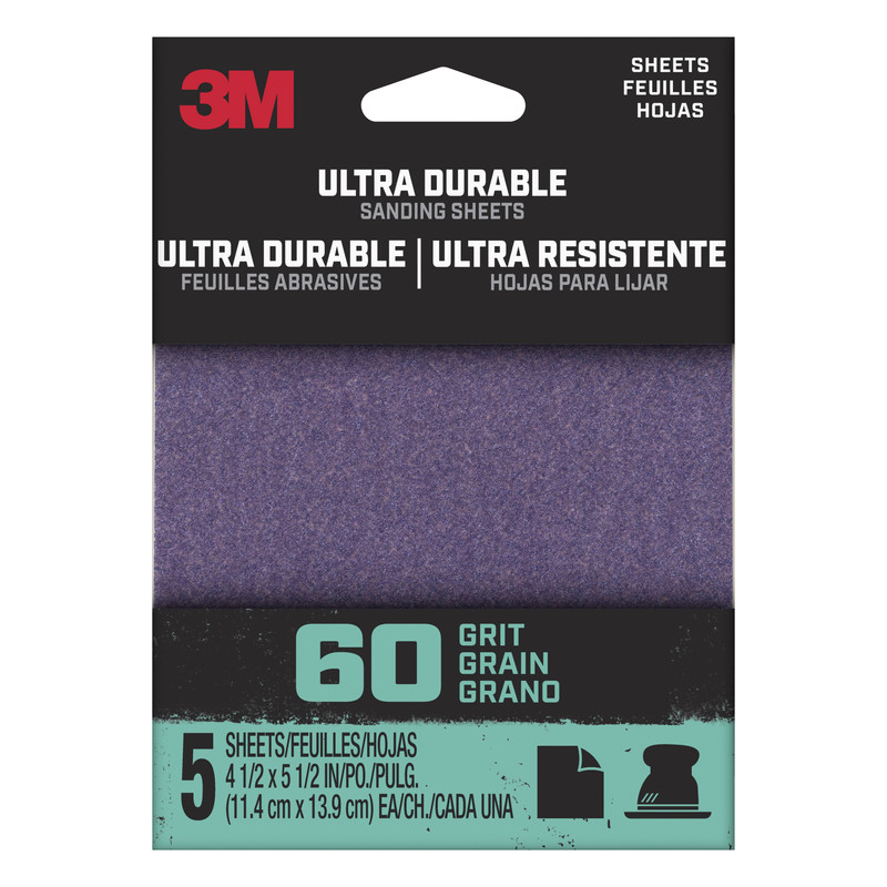 3M Ultra Durable 5.5 inch Length x 4.5 inch Width 60 Grit Aluminum Oxide Sanding Sheet 5