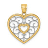 Lex & Lu 14 Yellow Gold w/RhodiumFiligree Heart Charm - Lex & Lu