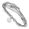 Lex & Lu Stainless Steel Polished Beaded Multi-Strand Grey Leather 8'' Bracelet - Lex & Lu