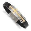 Lex & Lu Stainless Steel Pol. Yellow IP Cross Black Leather w/.5'' ext Bracelet - Lex & Lu