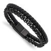 Lex & Lu Stainless Steel Pol. Black IP-plated Chain Black Leather 8.5'' Bracelet - Lex & Lu