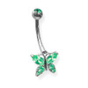 Lex & Lu Steel Belly Ring 14 Gauge 7/16" Long w/Butterfly Charm Emerald-Lex & Lu