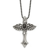 Lex & Lu Chisel Stainless Steel Antiqued Cross w/Wings & Blk Stone Necklace 24'' - Lex & Lu