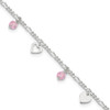 Lex & Lu Sterling Silver Polished Heart and Rose Glass Anklet'' 9'' - Lex & Lu