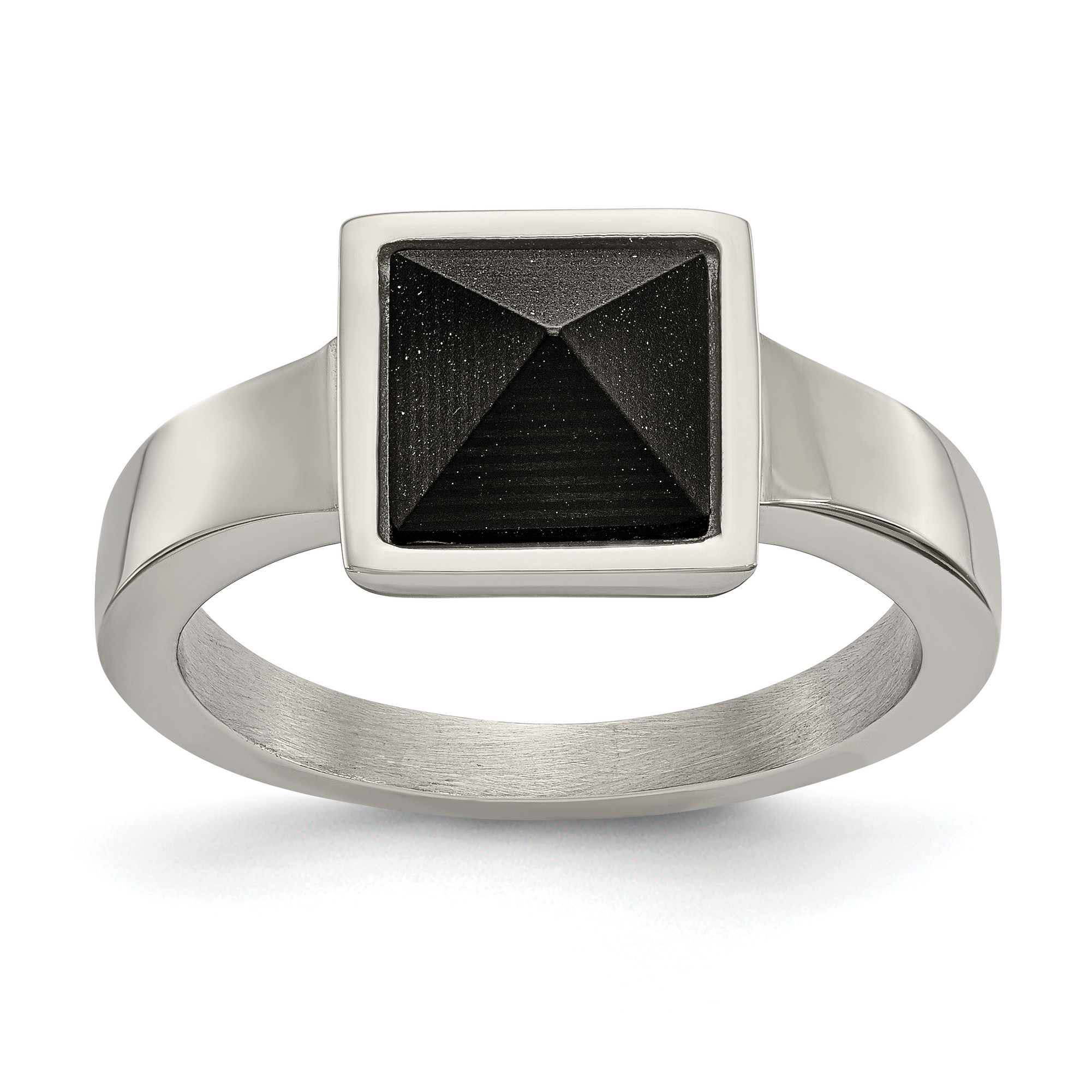 Lex & Lu Chisel Stainless Steel w/Solid Black Carbon Fiber Geometric Ring