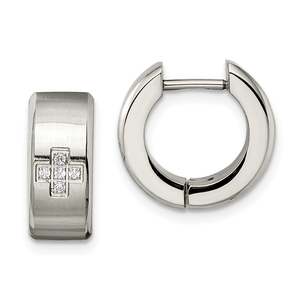 Lex Lu Chisel Stainless Steel CZ Brushed Hinged Hoop Earrings