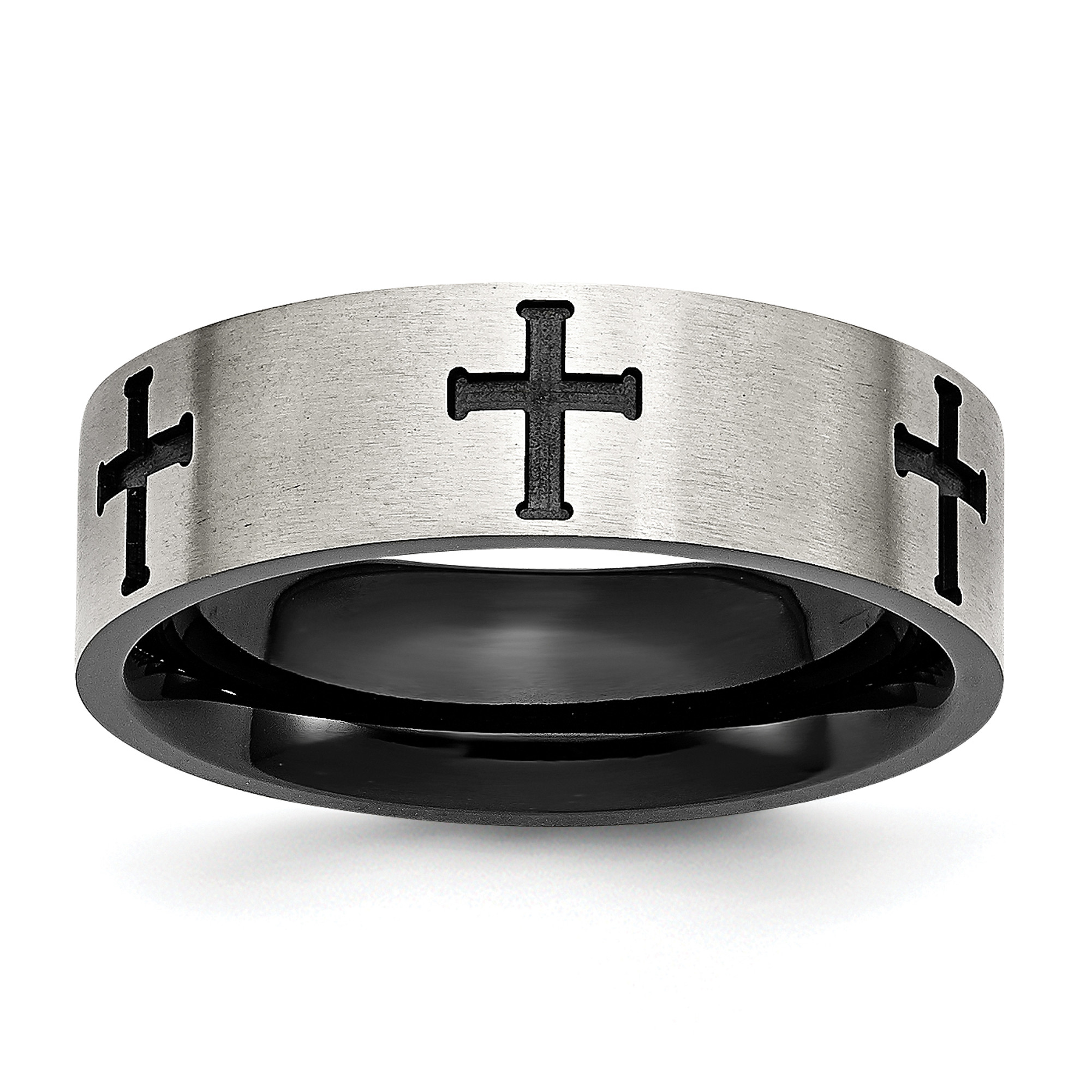 Lex & Lu Chisel Stainless Steel 7mm Blk Plated Crosses Band Ring