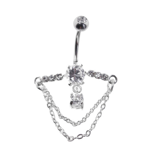 Lex & Lu Steel Gem Navel Belly Button Ring Body Piercing w/CZ Dangle-CDD111-CL-Lex & Lu