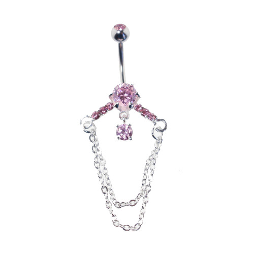 Lex & Lu Steel Gem Navel Belly Button Ring Body Piercing w/CZ Dangle-CDD111-PK-Lex & Lu