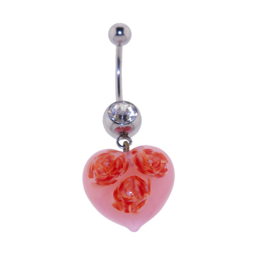 Lex & Lu Steel Curved Barbell w/Pyrex Heart Dangle Pink w/Red Belly Ring