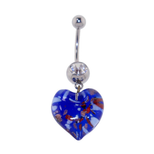 Lex & Lu Steel Curved Barbell w/Pyrex Heart Dangle Blue w/Red Belly Ring-Lex & Lu