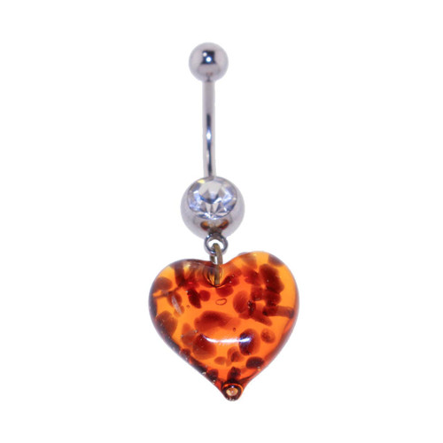 Lex & Lu Steel Curved Barbell w/Pyrex Heart Dangle Orange w/Red Belly Ring-Lex & Lu