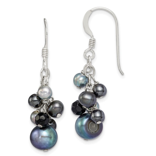 Lex & Lu Sterling Silver Black FW Cultured Pearls & Onyx Dangle Earrings - Lex & Lu
