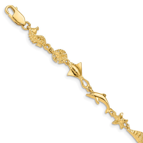 Lex & Lu 14k Yellow Gold Polished and Textured Marine Life Bracelet 7'' - Lex & Lu